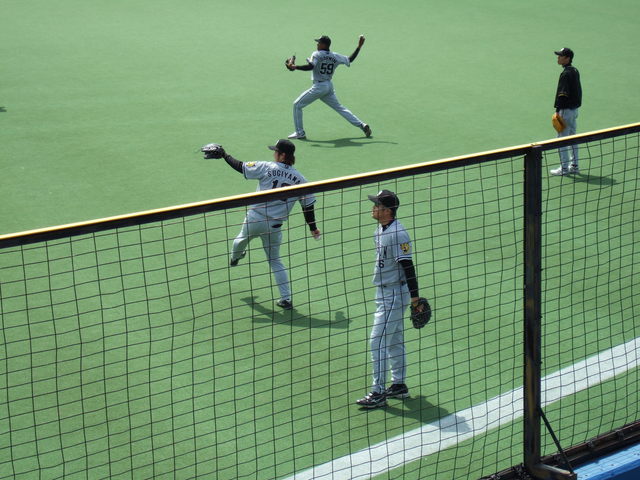 野球場・神宮球場・阪神タイガースの選手の肩慣らしの写真の写真