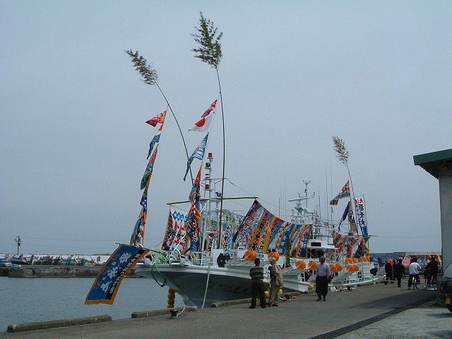 大湊・大漁旗で飾った船の写真の写真