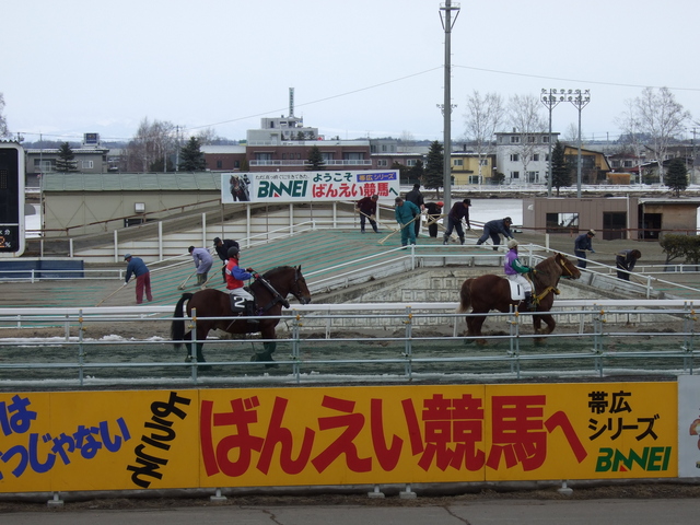 北海道遺産・ばんえい競馬・整備中のトラックの脇を通ってゲートに向かうの写真の写真