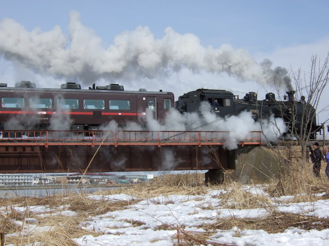 蒸気機関車(SL)のC11・蒸気がきれいに映るの写真の写真